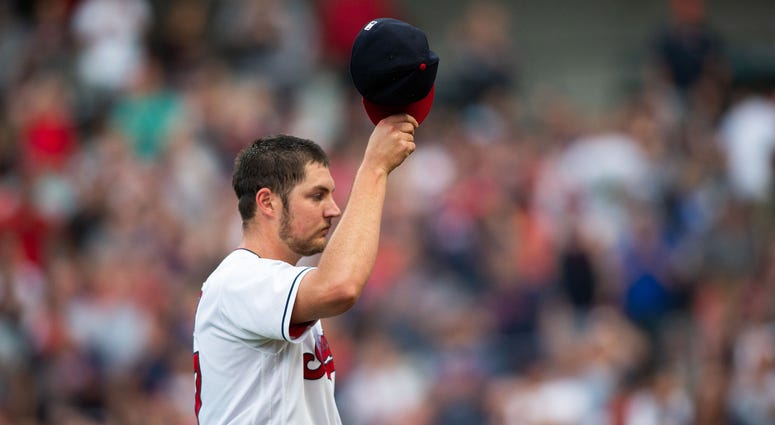 Jun 23, 2018; Cleveland, OH, USA; Cleveland Indians starting pitcher Trevor Bauer (47) tips his hat to fans as he leaves the field during the seventh inning against the Detroit Tigers at Progressive Field. Jun 23, 2018; Cleveland, OH, USA; Cleveland Indians starting pitcher Trevor Bauer (47) tips his hat to fans as he leaves the field during the seventh inning against the Detroit Tigers at Progressive Field.