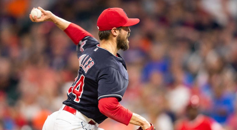 Aug 3, 2018; Cleveland, OH, USA; Cleveland Indians relief pitcher Andrew Miller (24) throws a pitch to begin the sixth inning against the Los Angeles Angels at Progressive Field. Aug 3, 2018; Cleveland, OH, USA; Cleveland Indians relief pitcher Andrew Miller (24) throws a pitch to begin the sixth inning against the Los Angeles Angels at Progressive Field.