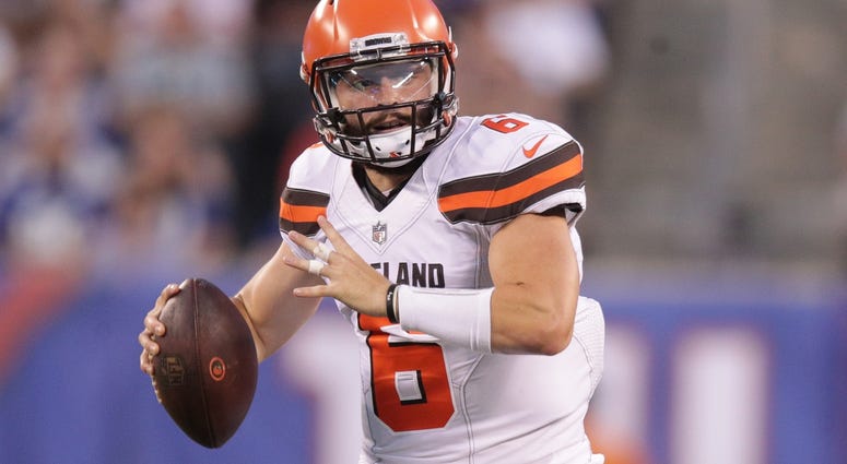Cleveland Browns quarterback Baker Mayfield (6) throws the ball during the first half against the New York Giants at MetLife Stadium. Cleveland Browns quarterback Baker Mayfield (6) throws the ball during the first half against the New York Giants at MetLife Stadium.