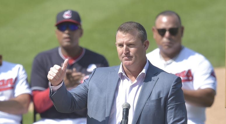 Former Cleveland Indians player Jim Thome speaks during his uniform number retirement ceremony at Progressive Field. Former Cleveland Indians player Jim Thome speaks during his uniform number retirement ceremony at Progressive Field.