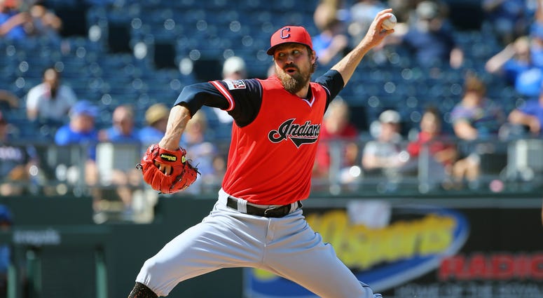 Aug 26, 2018; Kansas City, MO, USA; Cleveland Indians relief pitcher Andrew Miller (24) pitches against the Kansas City Royals in the eighth inning at Kauffman Stadium. Aug 26, 2018; Kansas City, MO, USA; Cleveland Indians relief pitcher Andrew Miller (24) pitches against the Kansas City Royals in the eighth inning at Kauffman Stadium.
