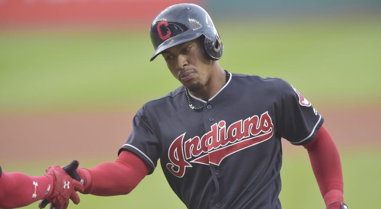 Cleveland Indians shortstop Francisco Lindor (12) celebrates his solo home run in the first inning against the Kansas City Royals at Progressive Field. Cleveland Indians shortstop Francisco Lindor (12) celebrates his solo home run in the first inning against the Kansas City Royals at Progressive Field.