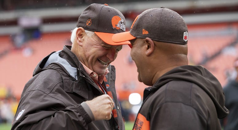 Cleveland Browns owner Jimmy Haslam, left, talks head coach Hue Jackson before the game at FirstEnergy Stadium. Cleveland Browns owner Jimmy Haslam, left, talks head coach Hue Jackson before the game at FirstEnergy Stadium.