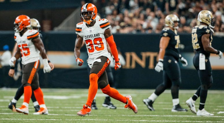Cleveland Browns cornerback Terrance Mitchell (39) celebrates after a turnover by the New Orleans Saints during the second quarter at the Mercedes-Benz Superdome. Cleveland Browns cornerback Terrance Mitchell (39) celebrates after a turnover by the New Orleans Saints during the second quarter at the Mercedes-Benz Superdome.