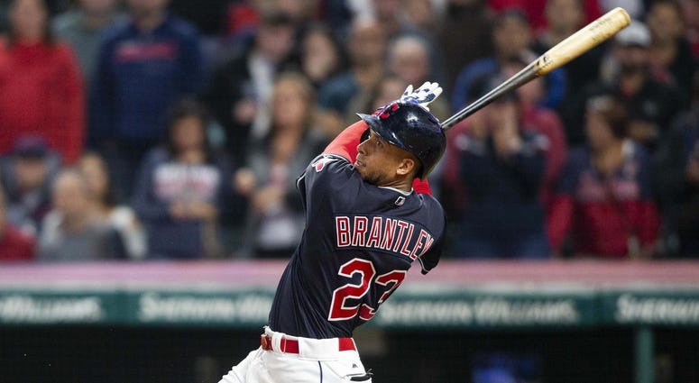 Sep 22, 2018; Cleveland, OH, USA; Cleveland Indians left fielder Michael Brantley (23) hits a single to score the game winning run against the Boston Red Sox during the eleventh inning at Progressive Field. The Indians won 5-4. Mandatory Credit: Scott R. Sep 22, 2018; Cleveland, OH, USA; Cleveland Indians left fielder Michael Brantley (23) hits a single to score the game winning run against the Boston Red Sox during the eleventh inning at Progressive Field. The Indians won 5-4. Mandatory Credit: Scott R.