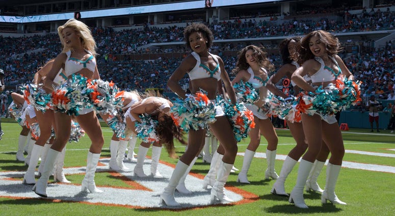 Sep 23, 2018; Miami Gardens, FL, USA; Miami Dolphins cheerleaders perform during the game against the Oakland Raiders at Hard Rock Stadium. Mandatory Credit: Kirby Lee-USA TODAY Sports Sep 23, 2018; Miami Gardens, FL, USA; Miami Dolphins cheerleaders perform during the game against the Oakland Raiders at Hard Rock Stadium. Mandatory Credit: Kirby Lee-USA TODAY Sports