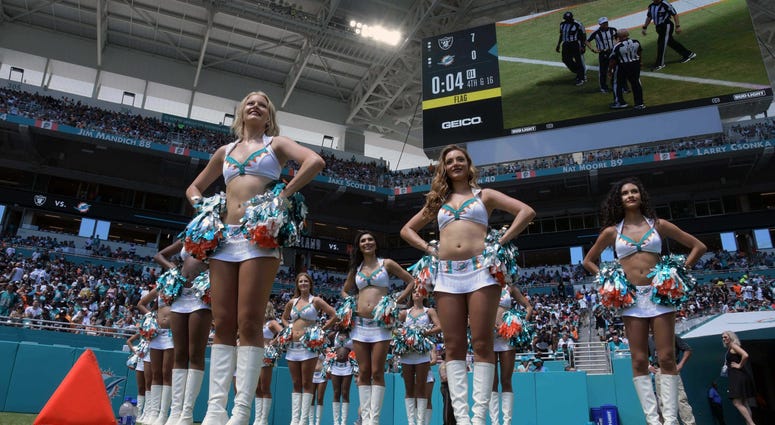 Sep 23, 2018; Miami Gardens, FL, USA; Miami Dolphins cheerleaders perform during a game against the Oakland Raiders at Hard Rock Stadium. Mandatory Credit: Kirby Lee-USA TODAY Sports Sep 23, 2018; Miami Gardens, FL, USA; Miami Dolphins cheerleaders perform during a game against the Oakland Raiders at Hard Rock Stadium. Mandatory Credit: Kirby Lee-USA TODAY Sports
