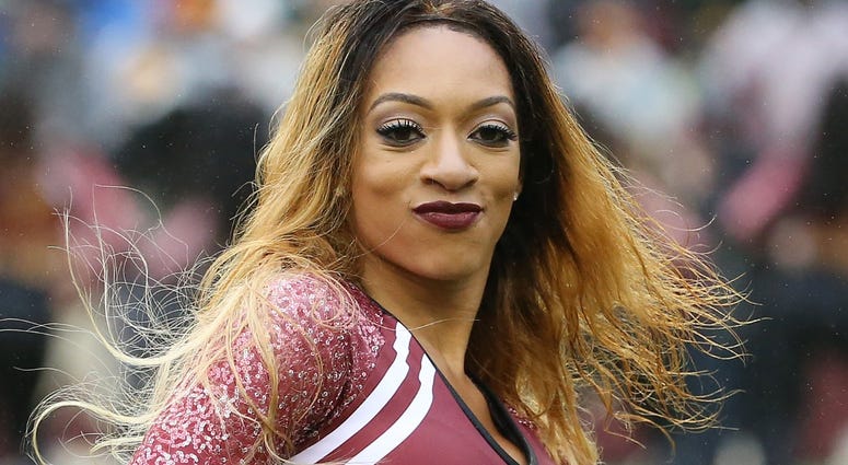 Sep 23, 2018; Landover, MD, USA; A Washington Redskins cheerleader dances on the field during a timeout against the Green Bay Packers in the third quarter at FedEx Field. The Redskins won 31-17. Mandatory Credit: Geoff Burke-USA TODAY Sports Sep 23, 2018; Landover, MD, USA; A Washington Redskins cheerleader dances on the field during a timeout against the Green Bay Packers in the third quarter at FedEx Field. The Redskins won 31-17. Mandatory Credit: Geoff Burke-USA TODAY Sports