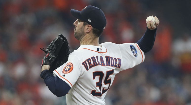 Houston Astros starting pitcher Justin Verlander (35) delivers a pitch during the first inning in game one of the 2018 ALDS playoff baseball series against the Cleveland Indians at Minute Maid Park Justin Verlander ALDS Game 1