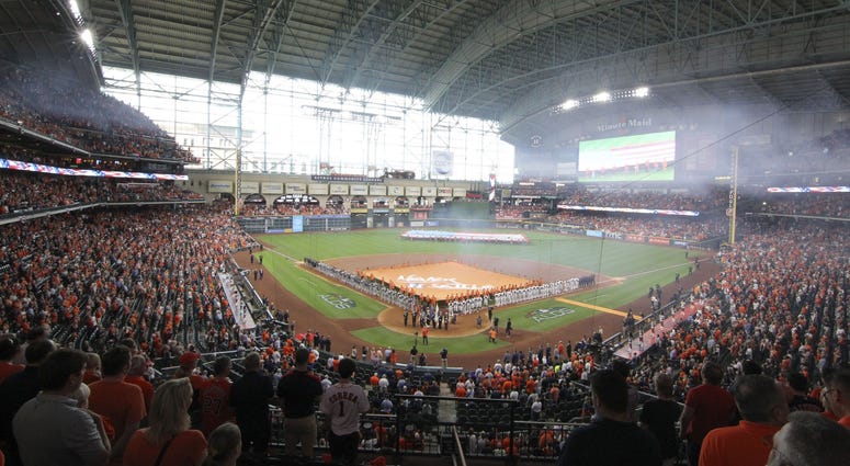 General view of Minute Maid Park during the national anthem before game one of the 2018 ALDS playoff baseball series between the Houston Astros and the Cleveland Indians Minute Maid Park Game 1 ALDS