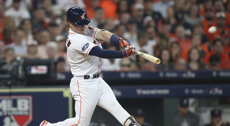 Houston Astros third baseman Alex Bregman (2) hits a solo home run during the fourth inning in game one of the 2018 ALDS playoff baseball series against the Cleveland Indians at Minute Maid Park Alex Bregman hits home run in Game 1 of ALDS