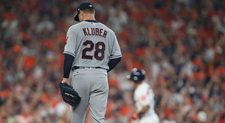 Oct 5, 2018; Houston, TX, USA; Cleveland Indians starting pitcher Corey Kluber (28) reacts after Houston Astros third baseman Alex Bregman (2) hit a solo home run during the fourth inning in game one of the 2018 ALDS playoff baseball series at Minute Maid Oct 5, 2018; Houston, TX, USA; Cleveland Indians starting pitcher Corey Kluber (28) reacts after Houston Astros third baseman Alex Bregman (2) hit a solo home run during the fourth inning in game one of the 2018 ALDS playoff baseball series at Minute Maid