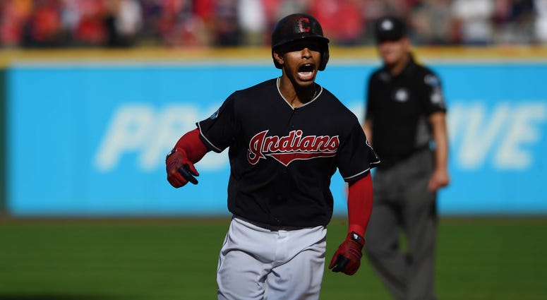 Oct 8, 2018; Cleveland, OH, USA; Cleveland Indians shortstop Francisco Lindor (12) celebrates a home run in the fifth inning against the Houston Astros during game three of the 2018 ALDS playoff baseball series at Progressive Field. Mandatory Credit: Ken Oct 8, 2018; Cleveland, OH, USA; Cleveland Indians shortstop Francisco Lindor (12) celebrates a home run in the fifth inning against the Houston Astros during game three of the 2018 ALDS playoff baseball series at Progressive Field. Mandatory Credit: Ken