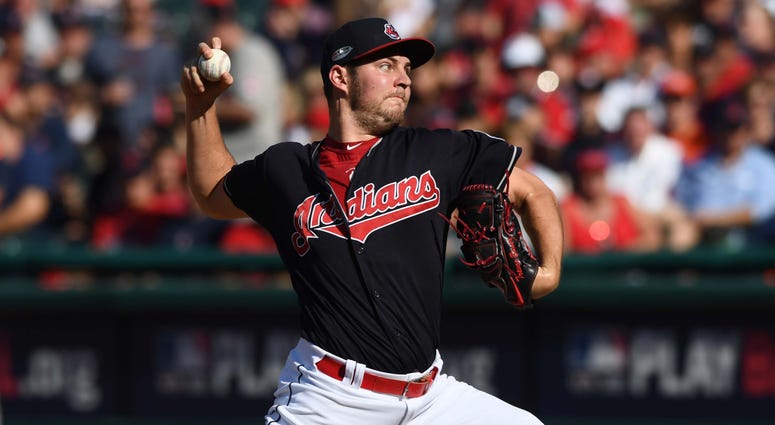Oct 8, 2018; Cleveland, OH, USA; Cleveland Indians starting pitcher Trevor Bauer (47) throws a pitch in the sixth inning against the Houston Astros during game three of the 2018 ALDS playoff baseball series at Progressive Field. Mandatory Credit: Ken Blaz Oct 8, 2018; Cleveland, OH, USA; Cleveland Indians starting pitcher Trevor Bauer (47) throws a pitch in the sixth inning against the Houston Astros during game three of the 2018 ALDS playoff baseball series at Progressive Field. Mandatory Credit: Ken Blaz