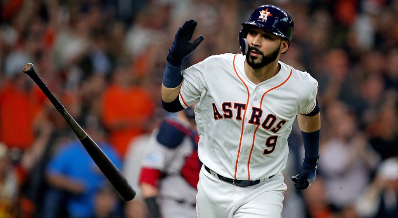 Oct 16, 2018; Houston, TX, USA; Houston Astros left fielder Marwin Gonzalez (9) flips his bat after singling in a run in the first inning against the Boston Red Sox in game three of the 2018 ALCS playoff baseball series at Minute Maid Park. Mandatory Cred Oct 16, 2018; Houston, TX, USA; Houston Astros left fielder Marwin Gonzalez (9) flips his bat after singling in a run in the first inning against the Boston Red Sox in game three of the 2018 ALCS playoff baseball series at Minute Maid Park. Mandatory Cred