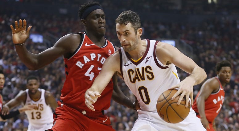 Oct 17, 2018; Toronto, Ontario, CAN; Cleveland Cavaliers forward Kevin Love (0) drives to the net against Toronto Raptors forward Pascal Siakam (43) during the first half at Scotiabank Arena. Mandatory Credit: John E. Sokolowski-USA TODAY Sports Oct 17, 2018; Toronto, Ontario, CAN; Cleveland Cavaliers forward Kevin Love (0) drives to the net against Toronto Raptors forward Pascal Siakam (43) during the first half at Scotiabank Arena. Mandatory Credit: John E. Sokolowski-USA TODAY Sports