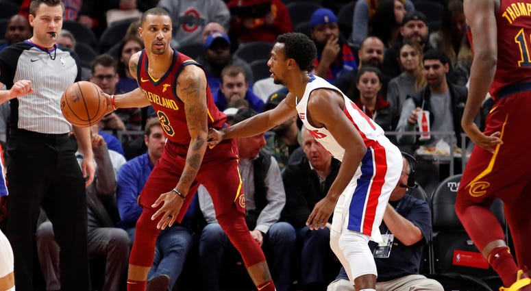Cleveland Cavaliers guard George Hill (3) controls the ball as Detroit Pistons guard Ish Smith (14) defends during the second quarter at Little Caesars Arena. Cleveland Cavaliers guard George Hill (3) controls the ball as Detroit Pistons guard Ish Smith (14) defends during the second quarter at Little Caesars Arena.