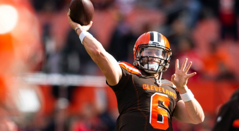 Cleveland Browns quarterback Baker Mayfield (6) throws a pass during warmups before the game against the Kansas City Chiefs at FirstEnergy Stadium. Baker Mayfield Cleveland Browns