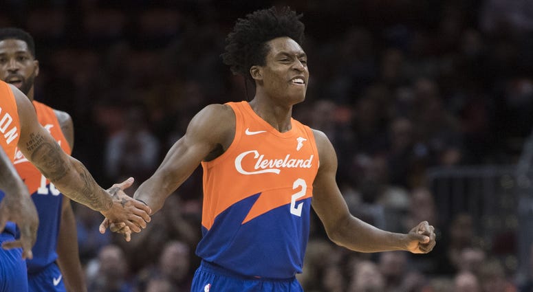 Cleveland Cavaliers guard Collin Sexton (2) celebrates a three-point shot during the first half against the Charlotte Hornets at Quicken Loans Arena. Cleveland Cavaliers guard Collin Sexton (2) celebrates a three-point shot during the first half against the Charlotte Hornets at Quicken Loans Arena.