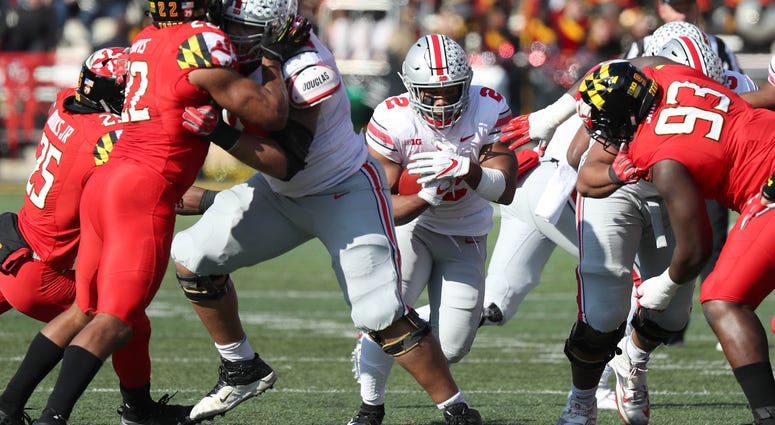 Ohio State Buckeyes running back J.K. Dobbins (2) runs for a gain against the Maryland Terrapins at Capital One Field at Maryland Stadium. Ohio State Buckeyes running back J.K. Dobbins (2) runs for a gain against the Maryland Terrapins at Capital One Field at Maryland Stadium.