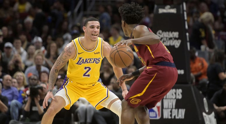 Nov 21, 2018; Cleveland, OH, USA; Los Angeles Lakers guard Lonzo Ball (2) defends Cleveland Cavaliers guard Collin Sexton (2) in the second quarter at Quicken Loans Arena. Mandatory Credit: David Richard-USA TODAY Sports Nov 21, 2018; Cleveland, OH, USA; Los Angeles Lakers guard Lonzo Ball (2) defends Cleveland Cavaliers guard Collin Sexton (2) in the second quarter at Quicken Loans Arena. Mandatory Credit: David Richard-USA TODAY Sports