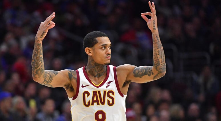 Cleveland Cavaliers guard Jordan Clarkson (8) celebrates his three point shot against the Philadelphia 76ers during the fourth quarter at Wells Fargo Center. Cleveland Cavaliers guard Jordan Clarkson (8) celebrates his three point shot against the Philadelphia 76ers during the fourth quarter at Wells Fargo Center.