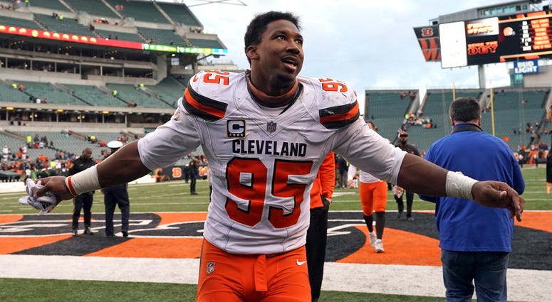 Cleveland Browns defensive end Myles Garrett (95) reacts after defeating the Cincinnati Bengals at Paul Brown Stadium.