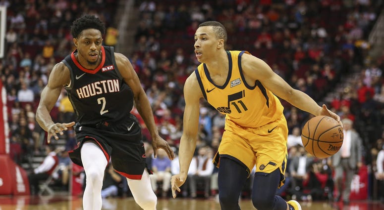 Dec 17, 2018; Houston, TX, USA; Utah Jazz guard Dante Exum (11) dribbles the ball as Houston Rockets guard Brandon Knight (2) defends during the first quarter at Toyota Center. Mandatory Credit: Troy Taormina-USA TODAY Sports Dec 17, 2018; Houston, TX, USA; Utah Jazz guard Dante Exum (11) dribbles the ball as Houston Rockets guard Brandon Knight (2) defends during the first quarter at Toyota Center. Mandatory Credit: Troy Taormina-USA TODAY Sports