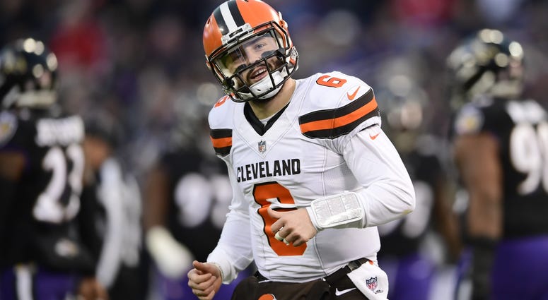 Cleveland Browns quarterback Baker Mayfield (6) reacts after throwing a touchdown to wide receiver Breshad Perriman (not pictured) during the first quarter against the Baltimore Ravens at M&T Bank Stadium.