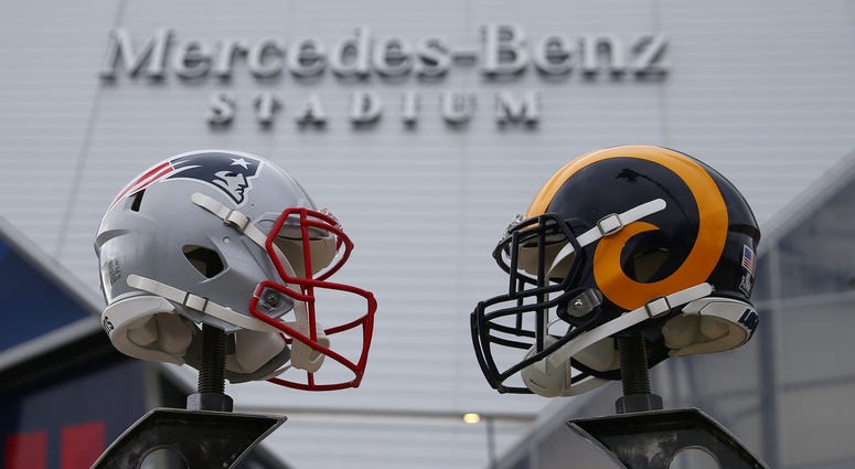 Feb 3, 2019; Atlanta, GA, USA; Helmets for the New England Patriots and Los Angeles Rams on display outside before Super Bowl LIII at Mercedes-Benz Stadium. Mandatory Credit: Mark J. Rebilas-USA TODAY Sports Feb 3, 2019; Atlanta, GA, USA; Helmets for the New England Patriots and Los Angeles Rams on display outside before Super Bowl LIII at Mercedes-Benz Stadium. Mandatory Credit: Mark J. Rebilas-USA TODAY Sports