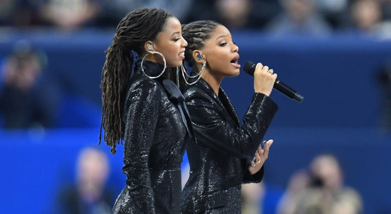 Feb 3, 2019; Atlanta, GA, USA; R&B sister duo Chloe x Halle perform America the Beautiful before Super Bowl LIII between the New England Patriots and the Los Angeles Rams at Mercedes-Benz Stadium. Mandatory Credit: Christopher Hanewinckel-USA TODAY Sports Feb 3, 2019; Atlanta, GA, USA; R&B sister duo Chloe x Halle perform America the Beautiful before Super Bowl LIII between the New England Patriots and the Los Angeles Rams at Mercedes-Benz Stadium. Mandatory Credit: Christopher Hanewinckel-USA TODAY Sports