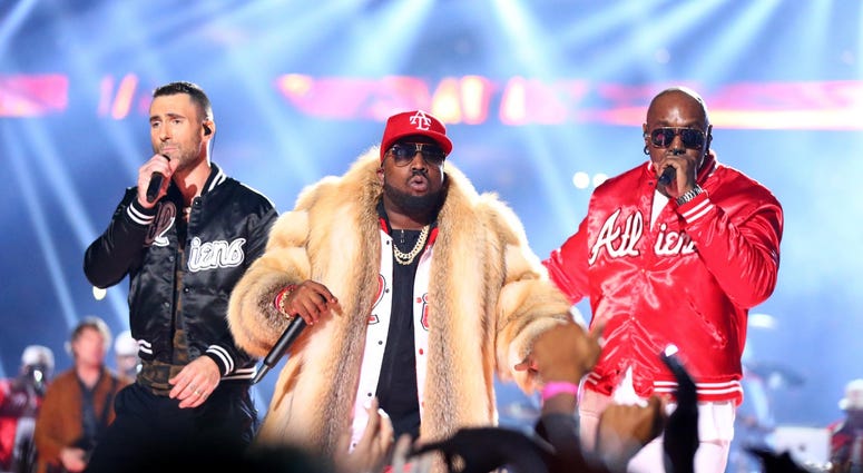 Feb 3, 2019; Atlanta, GA, USA; Recording artist Adam Levine (left) and recording artist Big Boi (middle) perform at halftime in Super Bowl LIII between the New England Patriots and the Los Angeles Rams at Mercedes-Benz Stadium. Mandatory Credit: Mark J. R Feb 3, 2019; Atlanta, GA, USA; Recording artist Adam Levine (left) and recording artist Big Boi (middle) perform at halftime in Super Bowl LIII between the New England Patriots and the Los Angeles Rams at Mercedes-Benz Stadium. Mandatory Credit: Mark J. R