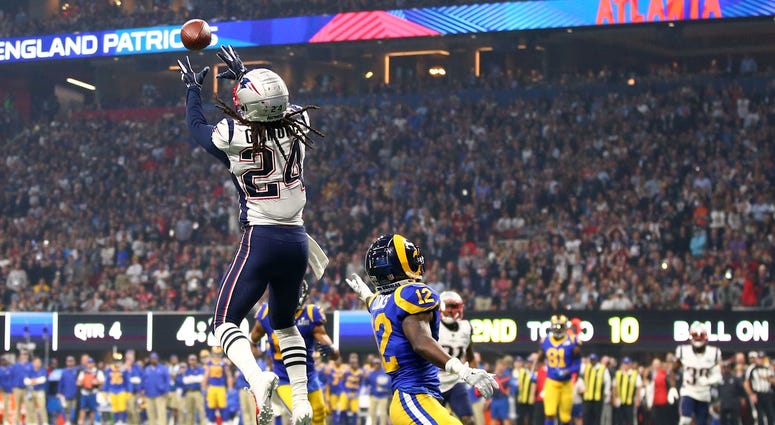 Feb 3, 2019; Atlanta, GA, USA; New England Patriots cornerback Stephon Gilmore (24) intercepts a pass intended for Los Angeles Rams wide receiver Brandin Cooks (12) in the fourth quarter in Super Bowl LIII at Mercedes-Benz Stadium. Mandatory Credit: Mark Feb 3, 2019; Atlanta, GA, USA; New England Patriots cornerback Stephon Gilmore (24) intercepts a pass intended for Los Angeles Rams wide receiver Brandin Cooks (12) in the fourth quarter in Super Bowl LIII at Mercedes-Benz Stadium. Mandatory Credit: Mark