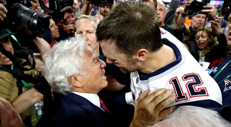 Feb 3, 2019; Atlanta, GA, USA; New England Patriots quarterback Tom Brady (12) celebrates with New England Patriots owner Robert Kraft after the Los Angeles Rams in Super Bowl LIII at Mercedes-Benz Stadium. Mandatory Credit: Matthew Emmons-USA TODAY Sport Feb 3, 2019; Atlanta, GA, USA; New England Patriots quarterback Tom Brady (12) celebrates with New England Patriots owner Robert Kraft after the Los Angeles Rams in Super Bowl LIII at Mercedes-Benz Stadium. Mandatory Credit: Matthew Emmons-USA TODAY Sport