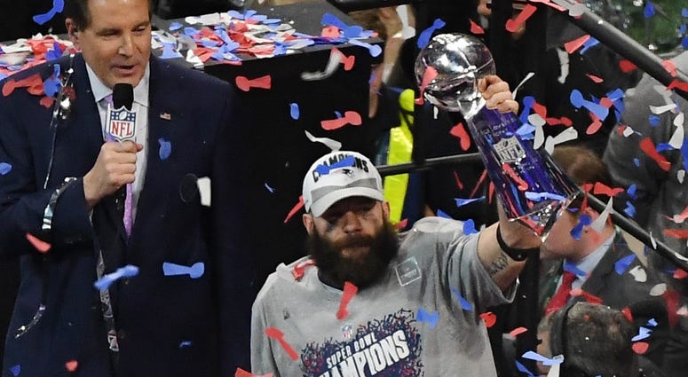 New England Patriots wide receiver Julian Edelman (11) is awarded MVP after winning Super Bowl LIII at Mercedes-Benz Stadium.