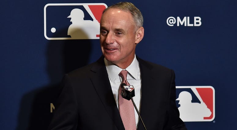 Feb 17, 2019; West Palm Beach, FL, USA; MLB commissioner Rob Manfred addresses representatives from the grapefruit league during the annual spring training media day at Hilton in West Palm Beach. Mandatory Credit: Steve Mitchell-USA TODAY Sports Feb 17, 2019; West Palm Beach, FL, USA; MLB commissioner Rob Manfred addresses representatives from the grapefruit league during the annual spring training media day at Hilton in West Palm Beach. Mandatory Credit: Steve Mitchell-USA TODAY Sports