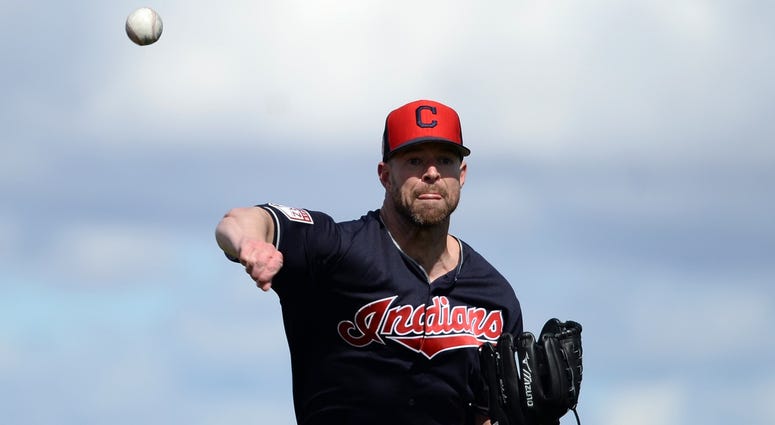 Feb 18, 2019; Goodyear, AZ, USA; Cleveland Indians starting pitcher Corey Kluber (28) throws during a spring training workout at the Goodyear Ballpark practice fields. Mandatory Credit: Joe Camporeale-USA TODAY Sports Feb 18, 2019; Goodyear, AZ, USA; Cleveland Indians starting pitcher Corey Kluber (28) throws during a spring training workout at the Goodyear Ballpark practice fields. Mandatory Credit: Joe Camporeale-USA TODAY Sports