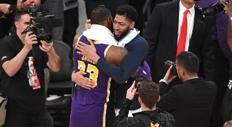 Feb 27, 2019; Los Angeles, CA, USA; Los Angeles Lakers forward LeBron James (23) and New Orleans Pelicans forward Anthony Davis (23) embrace after a game at Staples Center. Mandatory Credit: Jayne Kamin-Oncea-USA TODAY Sports Feb 27, 2019; Los Angeles, CA, USA; Los Angeles Lakers forward LeBron James (23) and New Orleans Pelicans forward Anthony Davis (23) embrace after a game at Staples Center. Mandatory Credit: Jayne Kamin-Oncea-USA TODAY Sports