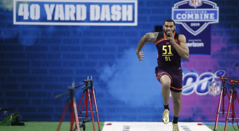 Mississippi State defensive lineman Montez Sweat (DL51) runs the 40 yard dash during the 2019 NFL Combine at Lucas Oil Stadium