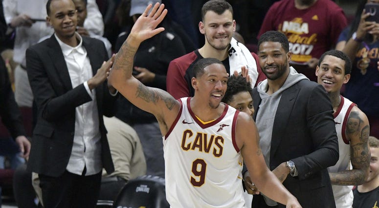 Apr 7, 2019; Cleveland, OH, USA; Cleveland Cavaliers forward Channing Frye (9) waves to fans after he was replaced in the fourth quarter against the San Antonio Spurs at Quicken Loans Arena.