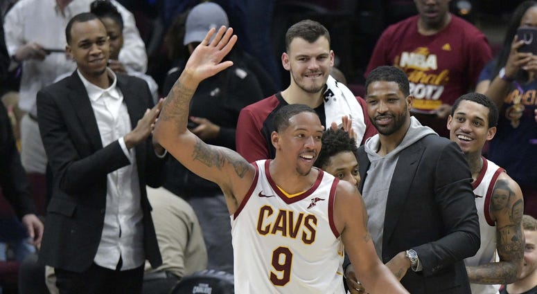 Apr 7, 2019; Cleveland, OH, USA; Cleveland Cavaliers forward Channing Frye (9) waves to fans after he was replaced in the fourth quarter against the San Antonio Spurs at Quicken Loans Arena. Mandatory Credit: David Richard-USA TODAY Sports Apr 7, 2019; Cleveland, OH, USA; Cleveland Cavaliers forward Channing Frye (9) waves to fans after he was replaced in the fourth quarter against the San Antonio Spurs at Quicken Loans Arena. Mandatory Credit: David Richard-USA TODAY Sports