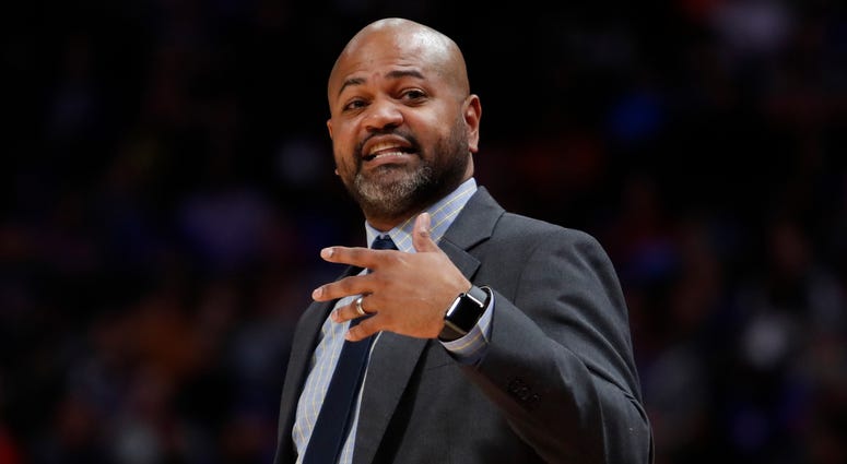 Apr 9, 2019; Detroit, MI, USA; Memphis Grizzlies head coach J.B. Bickerstaff yells from the sidelines during the second quarter against the Detroit Pistons at Little Caesars Arena. Memphis Grizzlies head coach J.B. Bickerstaff yells from the sidelines during the second quarter against the Detroit Pistons at Little Caesars Arena.