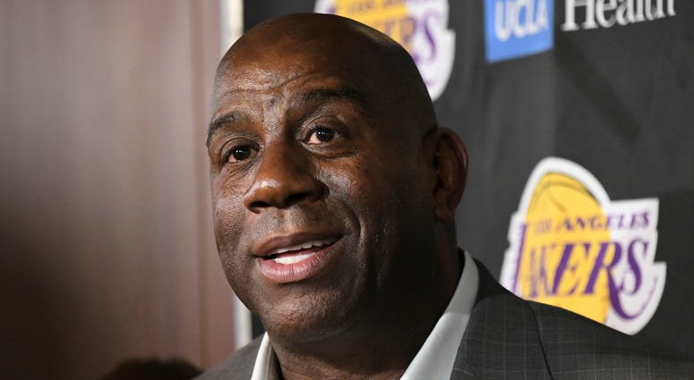Apr 9, 2019; Los Angeles, CA, USA; Los Angeles Lakers president of basketball operations Magic Johnson speaks to the media before the game against the Portland Trail Blazers at Staples Center. Mandatory Credit: Richard Mackson-USA TODAY Sports Apr 9, 2019; Los Angeles, CA, USA; Los Angeles Lakers president of basketball operations Magic Johnson speaks to the media before the game against the Portland Trail Blazers at Staples Center. Mandatory Credit: Richard Mackson-USA TODAY Sports