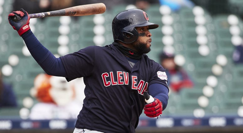 Apr 11, 2019; Detroit, MI, USA; Cleveland Indians first baseman Carlos Santana (41) hits an RBI single in the seventh inning against the Detroit Tigers at Comerica Park. Mandatory Credit: Rick Osentoski-USA TODAY Sports Apr 11, 2019; Detroit, MI, USA; Cleveland Indians first baseman Carlos Santana (41) hits an RBI single in the seventh inning against the Detroit Tigers at Comerica Park. Mandatory Credit: Rick Osentoski-USA TODAY Sports