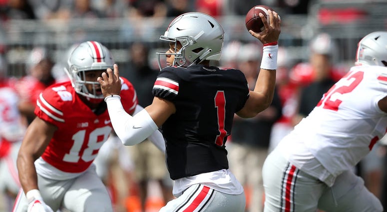 Ohio State Buckeyes quarterback Justin Fields (1) during the first half of the Spring Game at Ohio Stadium. Ohio State Buckeyes quarterback Justin Fields (1) during the first half of the Spring Game at Ohio Stadium.