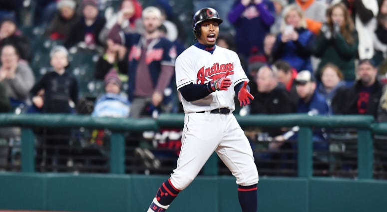 Cleveland Indians shortstop Francisco Lindor (12) celebrates after hitting a single during the second inning against the Atlanta Braves at Progressive Field. Cleveland Indians shortstop Francisco Lindor (12) celebrates after hitting a single during the second inning against the Atlanta Braves at Progressive Field.
