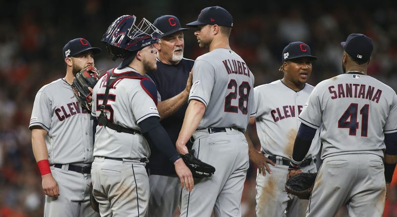 Apr 26, 2019; Houston, TX, USA; Cleveland Indians starting pitcher Corey Kluber (28) gets a mound visit from pitching coach Carl Willis (51) during the second inning against the Houston Astros at Minute Maid Park. Mandatory Credit: Troy Taormina-USA TODAY Apr 26, 2019; Houston, TX, USA; Cleveland Indians starting pitcher Corey Kluber (28) gets a mound visit from pitching coach Carl Willis (51) during the second inning against the Houston Astros at Minute Maid Park. Mandatory Credit: Troy Taormina-USA TODAY