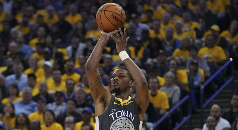 April 30, 2019; Oakland, CA, USA; Golden State Warriors forward Alfonzo McKinnie (28) shoots the basketball against the Houston Rockets during the third quarter in game two of the second round of the 2019 NBA Playoffs at Oracle Arena. The Warriors defeate April 30, 2019; Oakland, CA, USA; Golden State Warriors forward Alfonzo McKinnie (28) shoots the basketball against the Houston Rockets during the third quarter in game two of the second round of the 2019 NBA Playoffs at Oracle Arena. The Warriors defeate