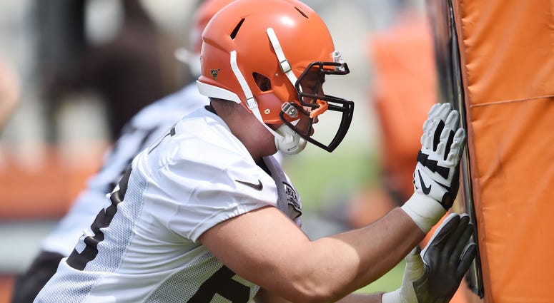 Cleveland Browns guard Austin Corbett (63) runs a drill during organized team activities at the Cleveland Browns training facility. Cleveland Browns guard Austin Corbett (63) runs a drill during organized team activities at the Cleveland Browns training facility.