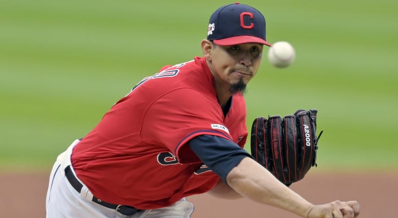 May 20, 2019; Cleveland, OH, USA; Cleveland Indians starting pitcher Carlos Carrasco (59) delivers a pitch in the first inning against the Oakland Athletics at Progressive Field. Mandatory Credit: David Richard-USA TODAY Sports May 20, 2019; Cleveland, OH, USA; Cleveland Indians starting pitcher Carlos Carrasco (59) delivers a pitch in the first inning against the Oakland Athletics at Progressive Field. Mandatory Credit: David Richard-USA TODAY Sports